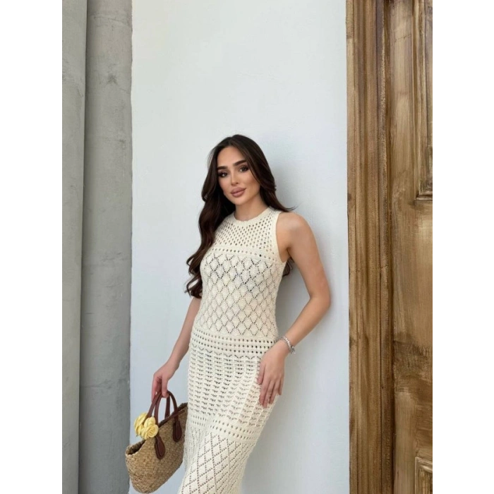 MARSiLYAN- Kadın Kolsuz Kuş Gözü Teday Full Transparan Maxi Boy Elbise