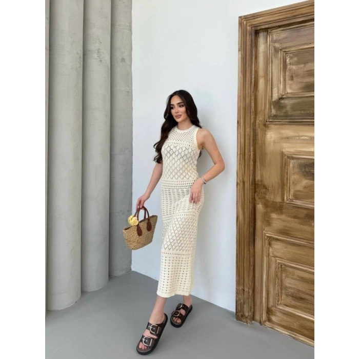 MARSiLYAN- Kadın Kolsuz Kuş Gözü Teday Full Transparan Maxi Boy Elbise