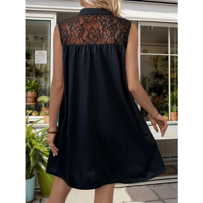 MARSiLYAN- Kadın Kolsuz V Hakim Yaka Dantelli Janjan Krep Elbise