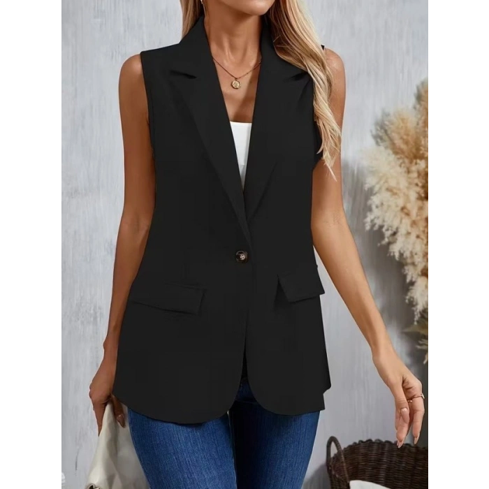 MARSiLYAN- Kadın Kolsuz Yakalı önden Tek Düğmeli Atlas Ceket