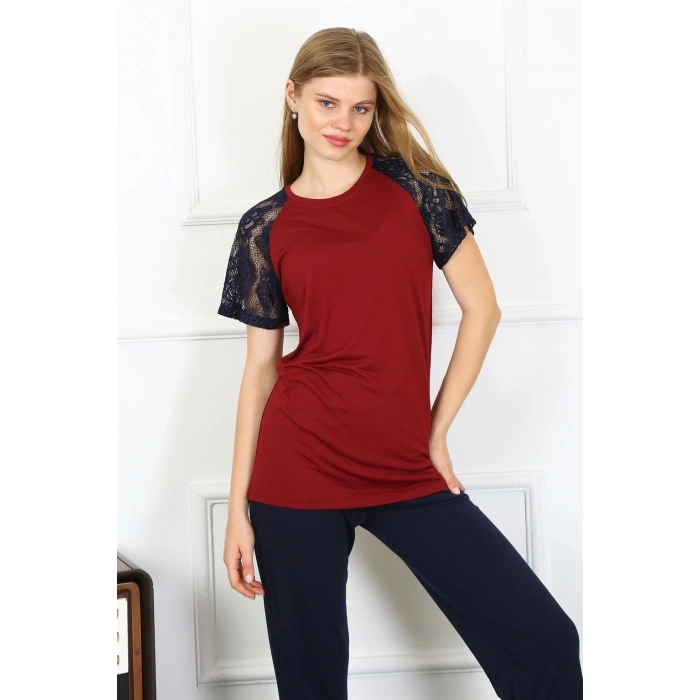 MARSiLYAN- Kadın Kolu Dantelli Penye Pijama Takım Bordo