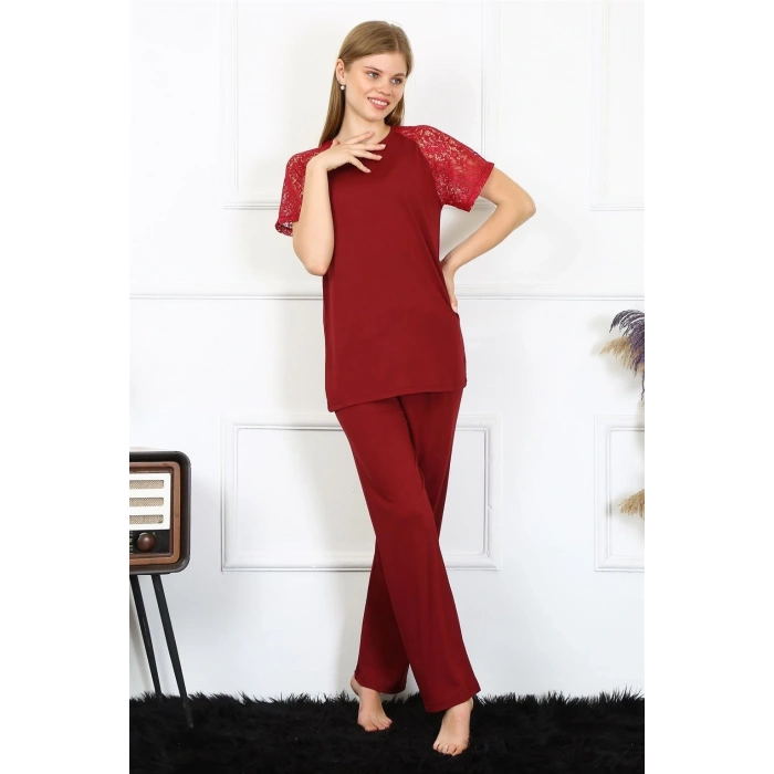 MARSiLYAN- Kadın Kolu Dantelli Penye Pijama Takım Bordo