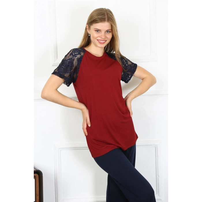 MARSiLYAN- Kadın Kolu Dantelli Penye Pijama Takım Bordo