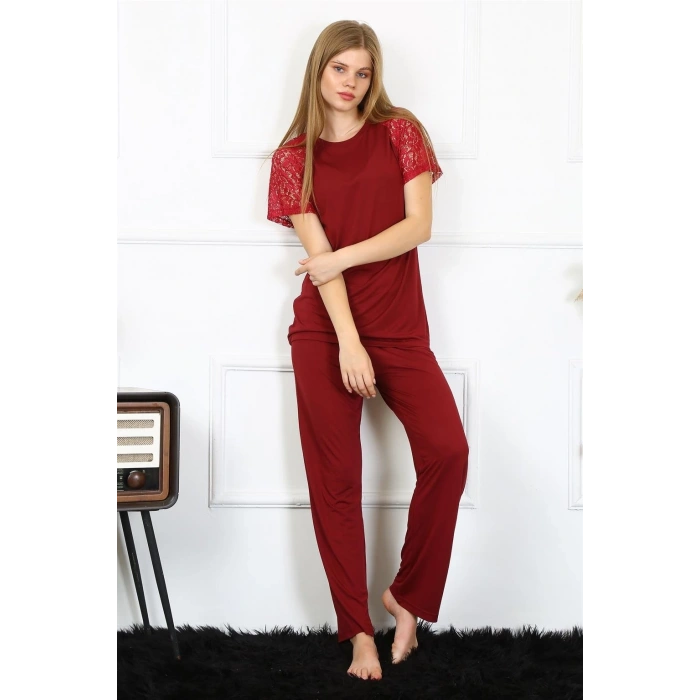 MARSiLYAN- Kadın Kolu Dantelli Penye Pijama Takım Bordo