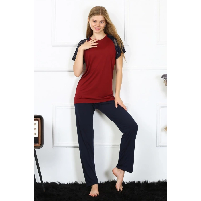 MARSiLYAN- Kadın Kolu Dantelli Penye Pijama Takım Bordo