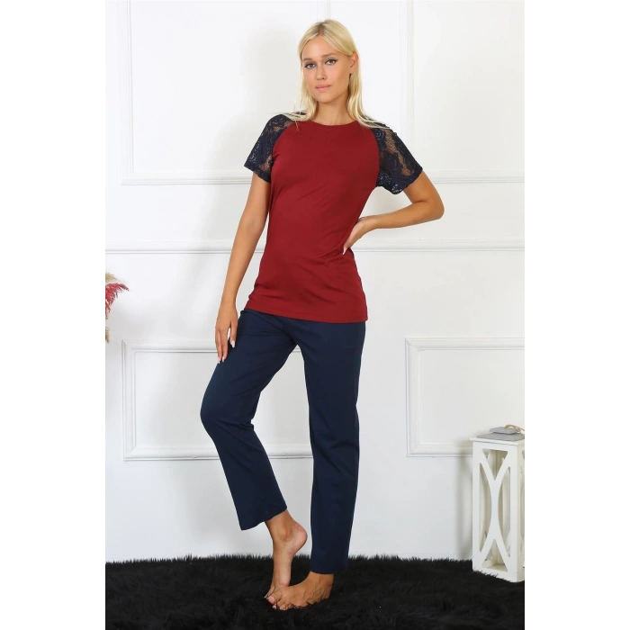 MARSiLYAN- Kadın Kolu Dantelli Penye Pijama Takım Bordo