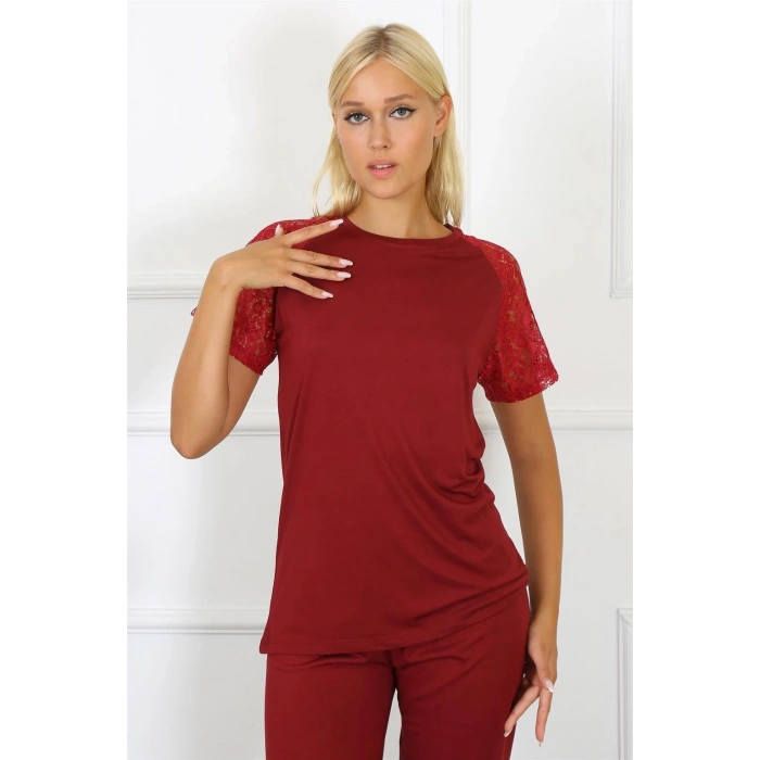 MARSiLYAN- Kadın Kolu Dantelli Penye Pijama Takım Bordo