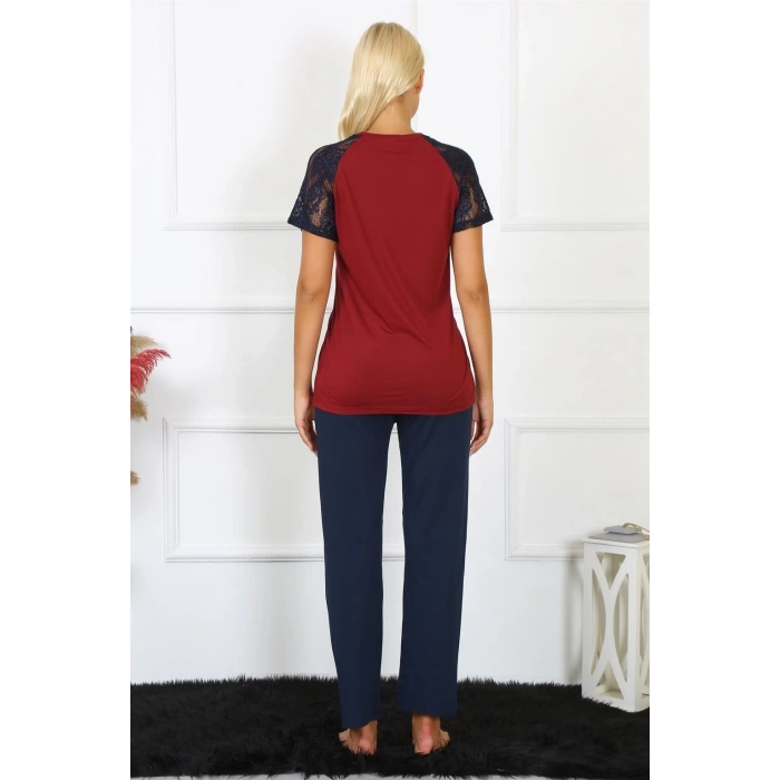 MARSiLYAN- Kadın Kolu Dantelli Penye Pijama Takım Bordo