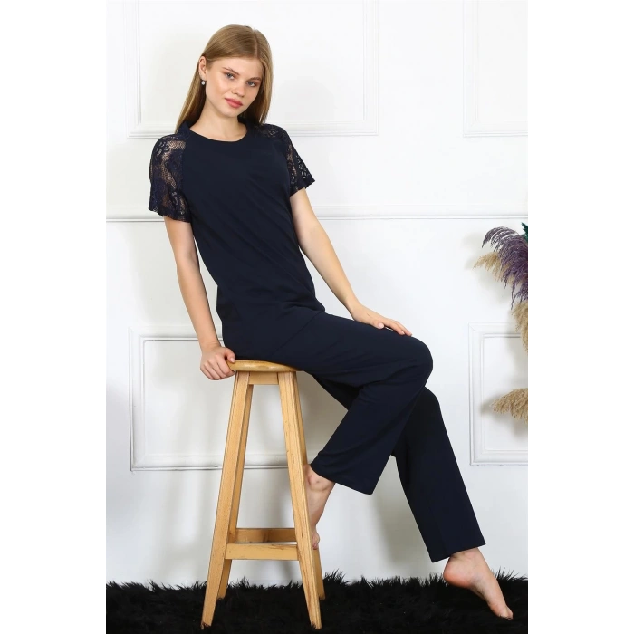 MARSiLYAN- Kadın Kolu Dantelli Penye Pijama Takım Lacivert