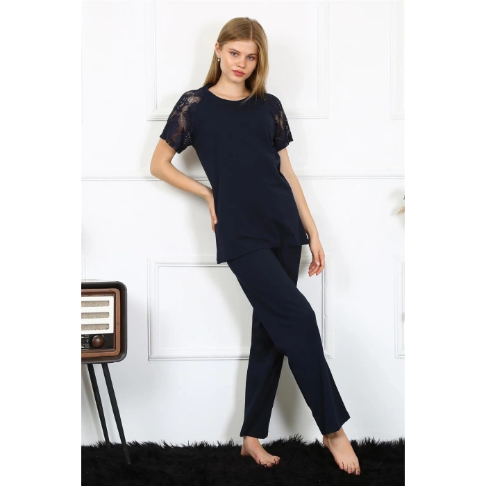 MARSiLYAN- Kadın Kolu Dantelli Penye Pijama Takım Lacivert