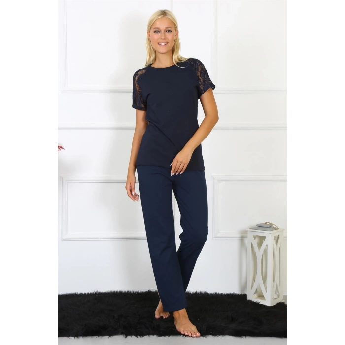 MARSiLYAN- Kadın Kolu Dantelli Penye Pijama Takım Lacivert