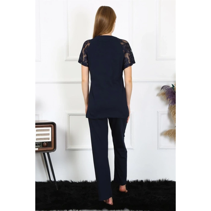 MARSiLYAN- Kadın Kolu Dantelli Penye Pijama Takım Lacivert