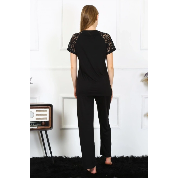 MARSiLYAN- Kadın Kolu Dantelli Penye Pijama Takım Siyah