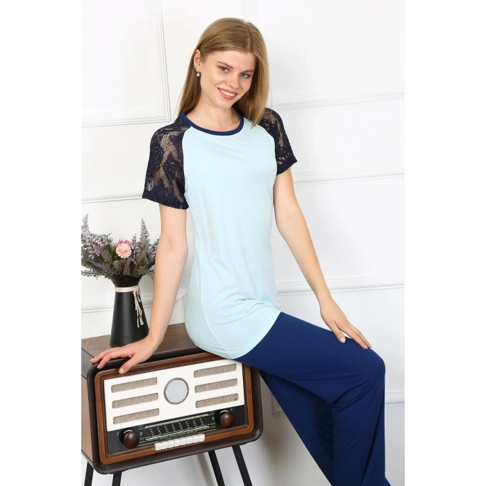 MARSiLYAN- Kadın Kolu Dantelli Penye Pijama Takım Su Yeşili