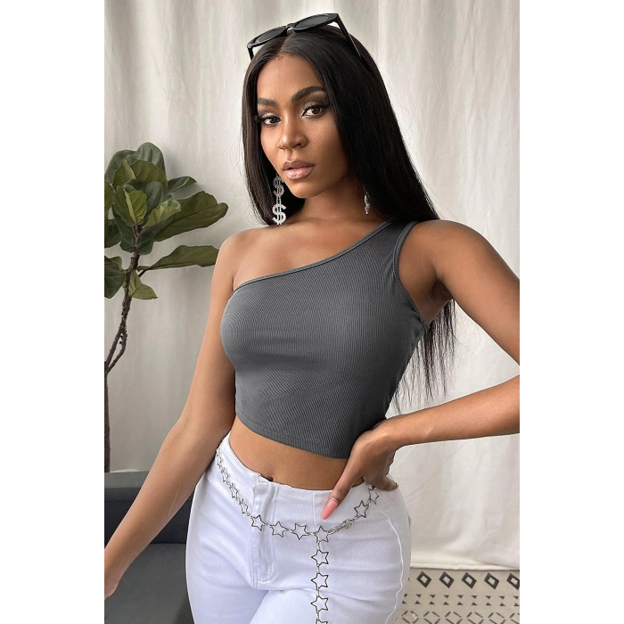 MARSiLYAN- Kadın Koyu Gri Tek Omuz Crop Büstiyer