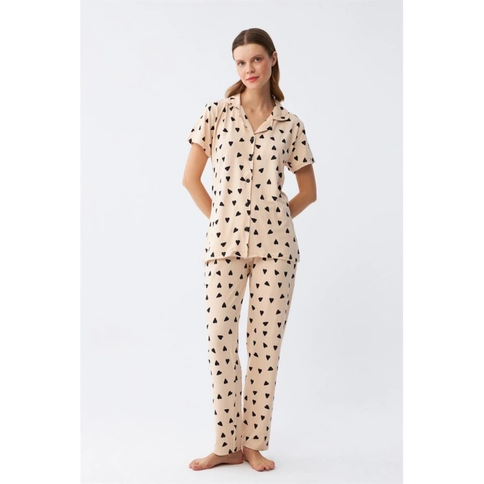 MARSiLYAN- Kadın Krem Rengi Kalp Desenli Önden Düğmeli Pijama Takımı