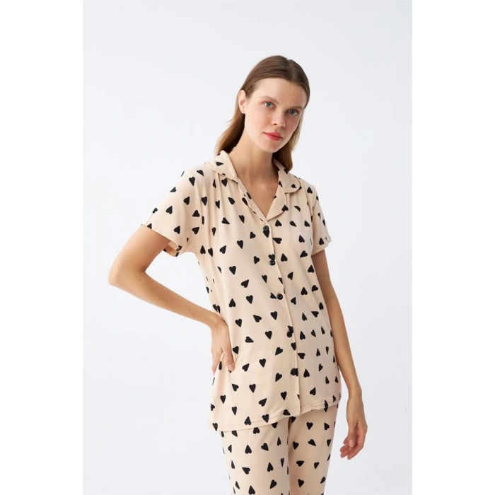 MARSiLYAN- Kadın Krem Rengi Kalp Desenli Önden Düğmeli Pijama Takımı