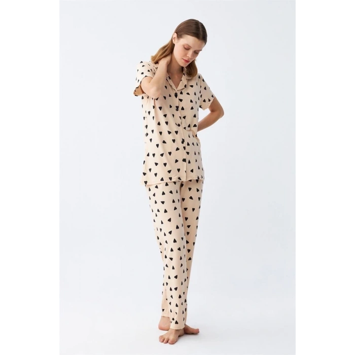 MARSiLYAN- Kadın Krem Rengi Kalp Desenli Önden Düğmeli Pijama Takımı