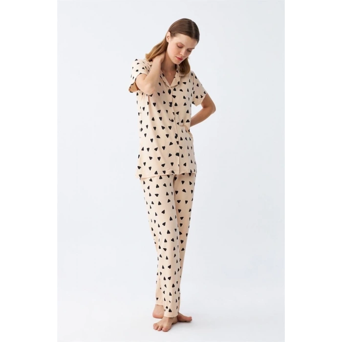 MARSiLYAN- Kadın Krem Rengi Kalp Desenli Önden Düğmeli Pijama Takımı