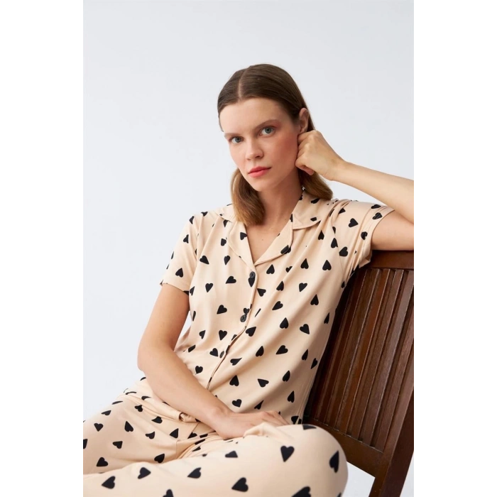 MARSiLYAN- Kadın Krem Rengi Kalp Desenli Önden Düğmeli Pijama Takımı