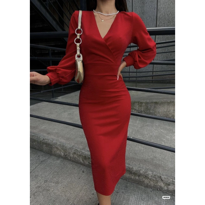 MARSiLYAN- Kadın Kruvaze Yaka Balon Kol Simli Krep Kumaş Midi Boy Elbise