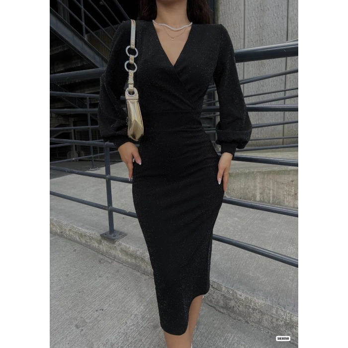 MARSiLYAN- Kadın Kruvaze Yaka Balon Kol Simli Krep Kumaş Midi Boy Elbise