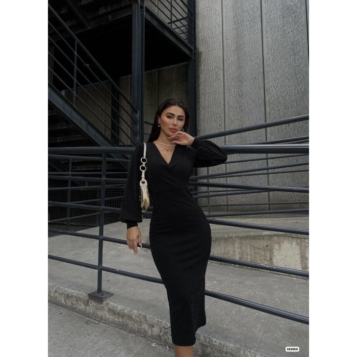 MARSiLYAN- Kadın Kruvaze Yaka Balon Kol Simli Krep Kumaş Midi Boy Elbise