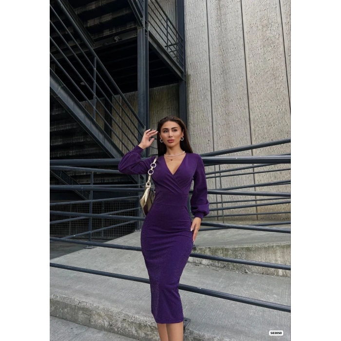 MARSiLYAN- Kadın Kruvaze Yaka Balon Kol Simli Krep Kumaş Midi Boy Elbise