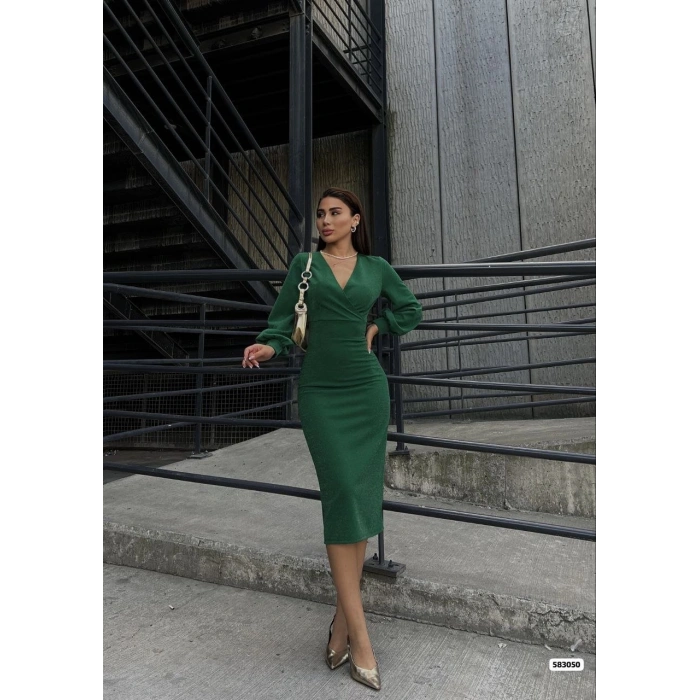 MARSiLYAN- Kadın Kruvaze Yaka Balon Kol Simli Krep Kumaş Midi Boy Elbise