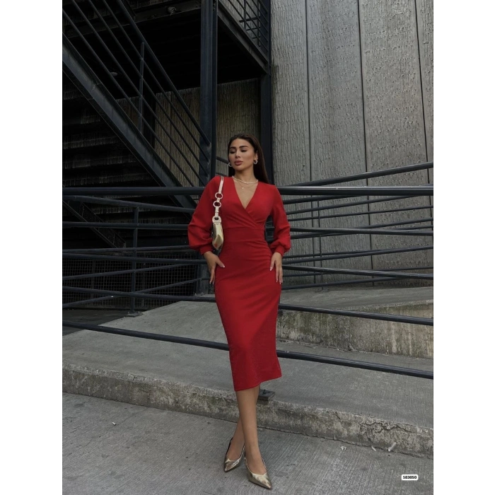 MARSiLYAN- Kadın Kruvaze Yaka Balon Kol Simli Krep Kumaş Midi Boy Elbise