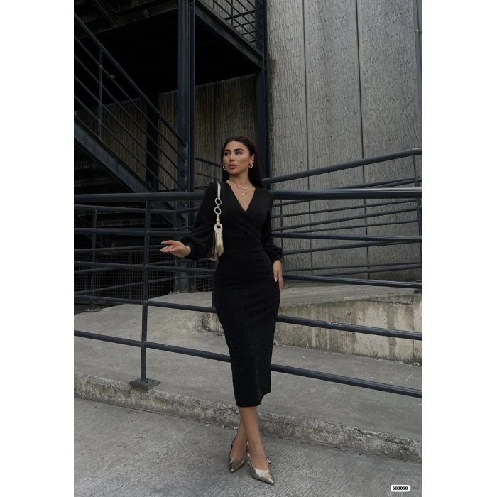 MARSiLYAN- Kadın Kruvaze Yaka Balon Kol Simli Krep Kumaş Midi Boy Elbise