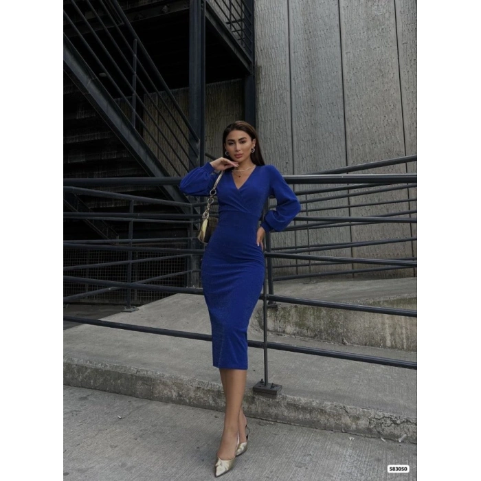 MARSiLYAN- Kadın Kruvaze Yaka Balon Kol Simli Krep Kumaş Midi Boy Elbise