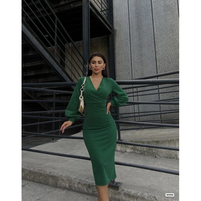 MARSiLYAN- Kadın Kruvaze Yaka Balon Kol Simli Krep Kumaş Midi Boy Elbise