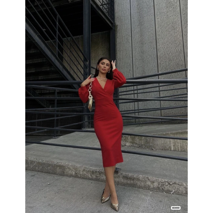 MARSiLYAN- Kadın Kruvaze Yaka Balon Kol Simli Krep Kumaş Midi Boy Elbise