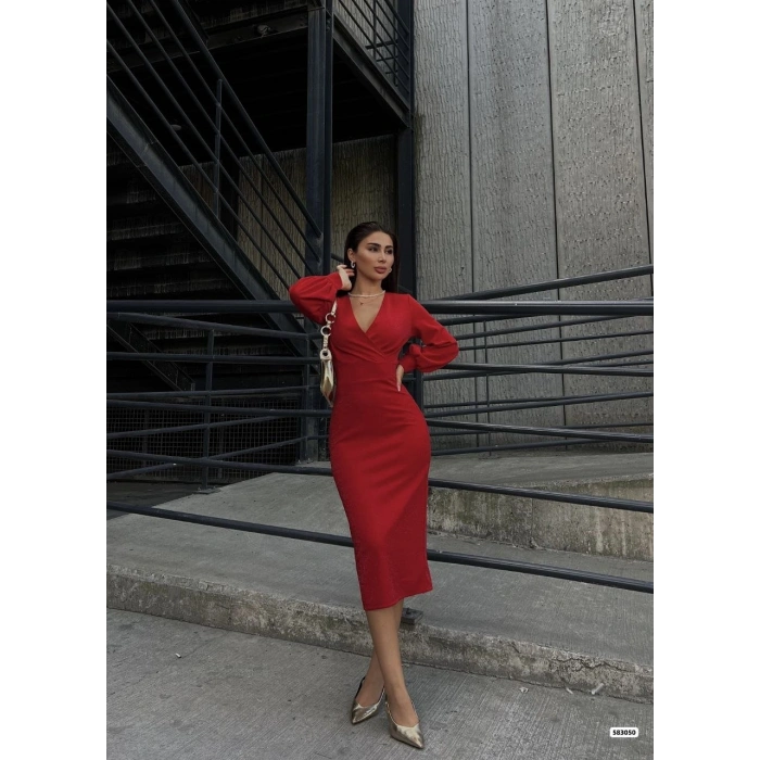 MARSiLYAN- Kadın Kruvaze Yaka Balon Kol Simli Krep Kumaş Midi Boy Elbise