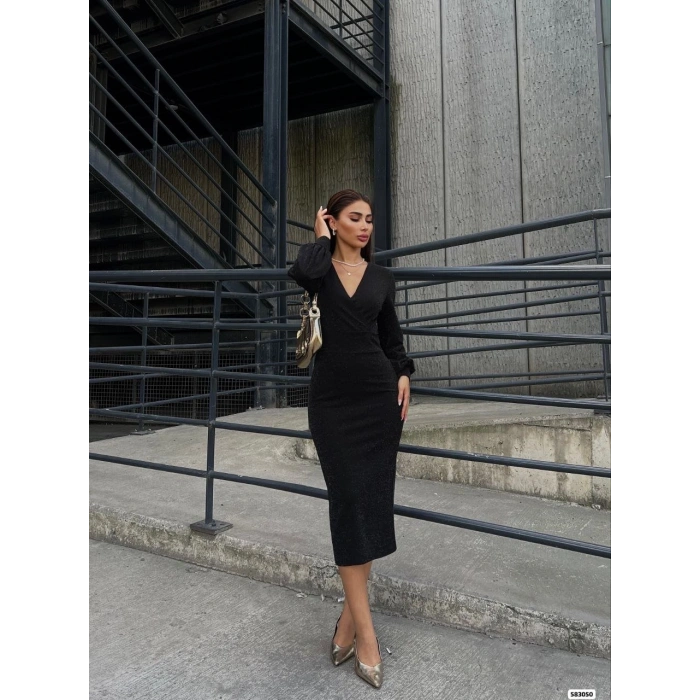 MARSiLYAN- Kadın Kruvaze Yaka Balon Kol Simli Krep Kumaş Midi Boy Elbise