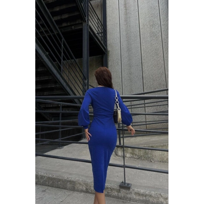 MARSiLYAN- Kadın Kruvaze Yaka Balon Kol Simli Krep Kumaş Midi Boy Elbise