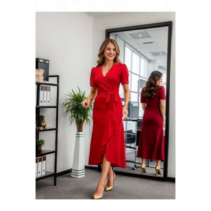 MARSiLYAN- Kadın Kruvaze Yaka Midi Boy Kuşaklı Krep Elbise 120 Cm