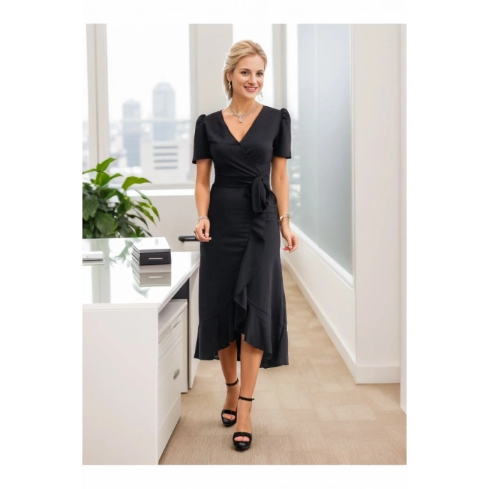 MARSiLYAN- Kadın Kruvaze Yaka Midi Boy Kuşaklı Krep Elbise 120 Cm