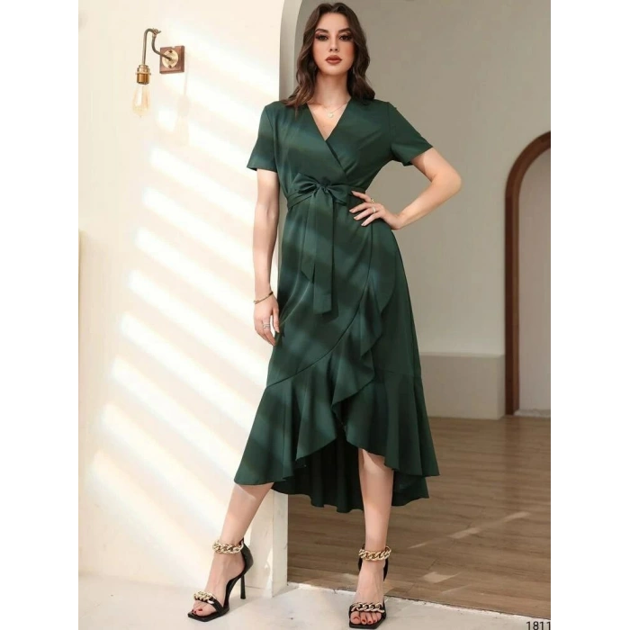 MARSiLYAN- Kadın Kruvaze Yaka Midi Boy Kuşaklı Krep Elbise 120 Cm