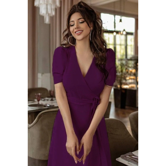 MARSiLYAN- Kadın Kruvaze Yaka Midi Boy Kuşaklı Krep Elbise 120 Cm