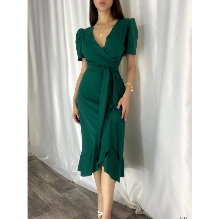 MARSiLYAN- Kadın Kruvaze Yaka Midi Boy Kuşaklı Krep Elbise 120 Cm