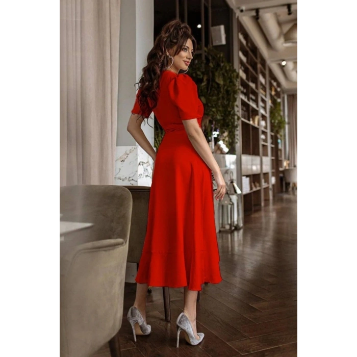 MARSiLYAN- Kadın Kruvaze Yaka Midi Boy Kuşaklı Krep Elbise 120 Cm