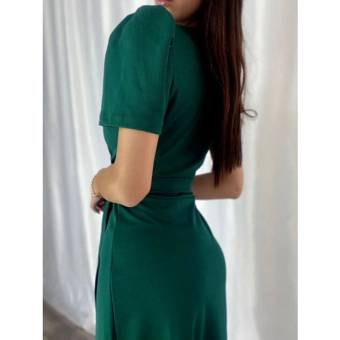 MARSiLYAN- Kadın Kruvaze Yaka Midi Boy Kuşaklı Krep Elbise 120 Cm