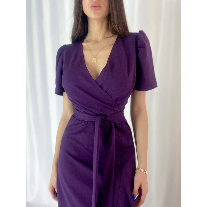 MARSiLYAN- Kadın Kruvaze Yaka Midi Boy Kuşaklı Krep Elbise 120 Cm