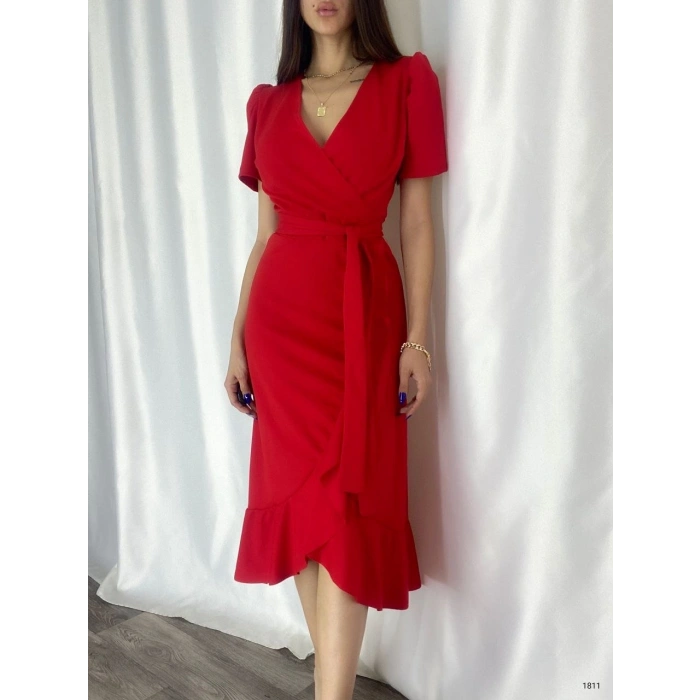 MARSiLYAN- Kadın Kruvaze Yaka Midi Boy Kuşaklı Krep Elbise 120 Cm