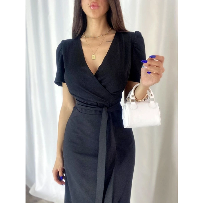 MARSiLYAN- Kadın Kruvaze Yaka Midi Boy Kuşaklı Krep Elbise 120 Cm