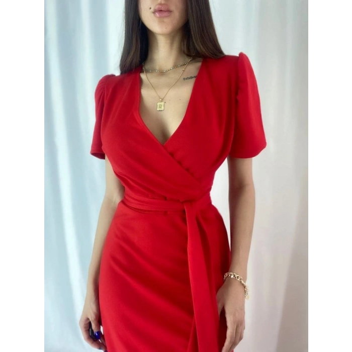 MARSiLYAN- Kadın Kruvaze Yaka Midi Boy Kuşaklı Krep Elbise 120 Cm