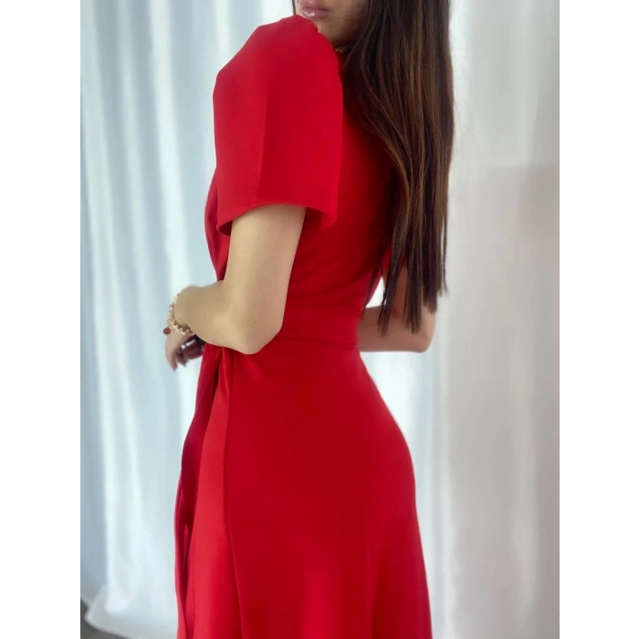 MARSiLYAN- Kadın Kruvaze Yaka Midi Boy Kuşaklı Krep Elbise 120 Cm