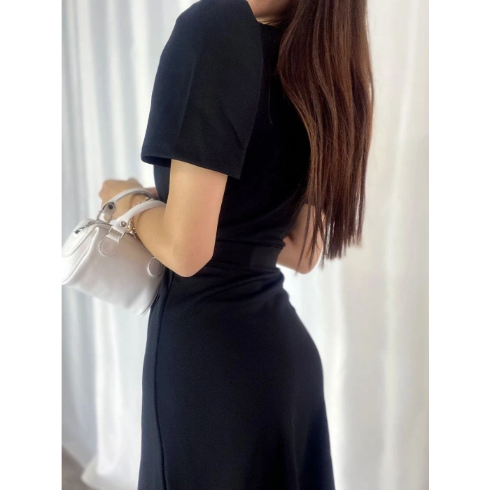 MARSiLYAN- Kadın Kruvaze Yaka Midi Boy Kuşaklı Krep Elbise 120 Cm